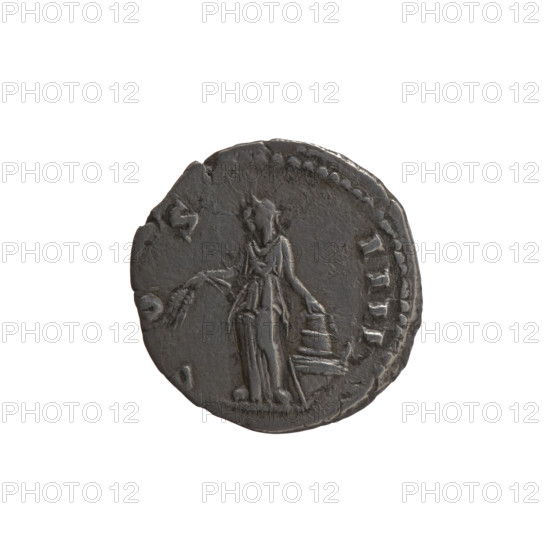 Denarius of Antoninus Pius (86–161; Roman emperor 138–161), ca. 152–153. Obverse: Head of Antoninus Pius in a laurel wreath facing right, inscription ANTONINVS AVG - PIVS PP TR P XVI. Reverse: Annona (personification) stands left, holds ears of corn in her right hand, rests her left on a container (modius) standing on a ship, inscription COS - IIII. Iconography: Antoninus Pius; Annona; ears of corn; personifications; ships; modius. Roman Empire (27 BC–476). Coin: diameter 17.0–17.5 mm, weight 3.42 g, axis 180°.