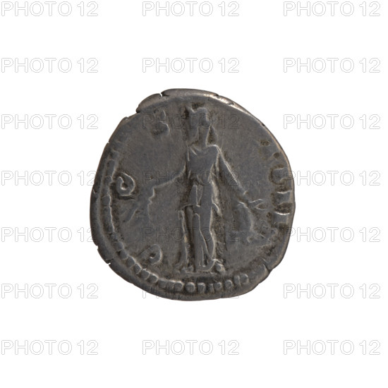 Denarius of Antoninus Pius (86–161; Roman emperor 138–161). Obverse: head of Antoninus Pius in a laurel wreath facing right, inscription ANTONINVS AVG PI - VS PP TR P XVI. Reverse: Annona (personification) stands left, holds ears of corn in her right hand and rests her left on a container (modius) standing on a ship, inscription COS - IIII. Date: 152–153. Roman Empire (27 BC–476), Rome. Coin; diameter 17.5 mm, weight 3.00 g, axis 180°. Icons: Annona, ears of corn, personifications, head of the emperor in a laurel wreath, modius, ships.