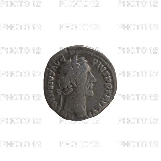 Denarius of Antoninus Pius (86–161; Roman emperor 138–161), issued 152–153. Obverse: head of Antoninus Pius in a laurel wreath facing right, legend 'ANTONINVS AVG - PIVS PP TR P XVI'. Reverse: Annona (personification) stands left, holds ears of corn in her right hand and rests her left on a modius (grain measure) standing on a ship, legend 'COS - IIII'. Roman Empire; Rome. Coin (silver): diameter 17.0–17.5 mm, weight 3.00 g, axis 180°.
