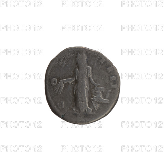 Denarius, Antoninus Pius (86–161; Roman emperor 138–161). Obverse: Head of Antoninus Pius in a laurel wreath facing right, inscription 'ANTONINVS AVG - PIVS PP TR P XVI'. Reverse: Annona (personification) standing left, holding ears of corn in her right hand and resting her left on a container (modius) standing on a ship, inscription 'COS - IIII'. Date: 152–153. Roman Empire (27 BC–476), Rome. Coin; diameter 17.0–17.5 mm, weight 3.00 g, axis 180°.