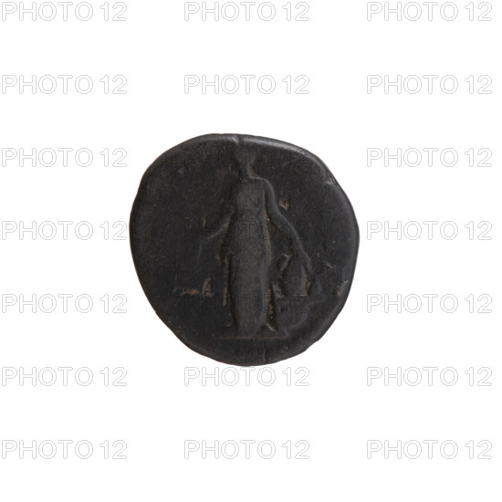 Denarius, Antoninus Pius (86–161; Roman emperor 138–161), issuer: Antoninus Pius. Obverse: Head of Antoninus Pius in a laurel wreath facing right, inscription ANTONINVS AVG PIVS PP TR P XVI. Reverse: Annona (personification) stands left, holds ears of corn in her right hand, rests her left on a container (modius) standing on a ship, inscription II. Date: 152–153. Roman Empire (27 BC–476), Rome. Coin. Diameter 16.0–17.0 mm, weight 2.65 g, axis 15°.