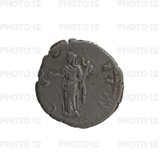 Denarius of Antoninus Pius (86–161; Roman emperor 138–161). Obverse: head of Antoninus Pius in a laurel wreath facing right, inscription ANTONINVS AVG PIVS PP TR P XVI. Reverse: Vesta in a veil standing left, holding a ladle (simpulum) in her right hand and a palladium in her left, letters C S — IIII around. Date: 152–153. Roman Empire (27 BC–476), Rome. Coin; diameter 17.5–18.0 mm, weight 3.40 g, axis 180°.