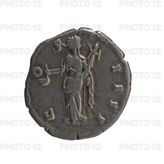 Denarius, Antoninus Pius (86–161; Roman emperor 138–161), issuer: Antoninus Pius. Obverse: head of the emperor in a laurel wreath facing right, inscription ANTONINVS AVG - PIVS PP TR P XVII. Reverse: Vesta in a veil standing left, holding a ladle (simpulum) in her right hand and a palladium in her left, inscription C OS - IIII. Date: 153–154. Culture: Roman Empire. Place: Rome. Medium: coin. Diameter: 17.5–18.0 mm. Weight: 3.00 g. Axis: 150°.