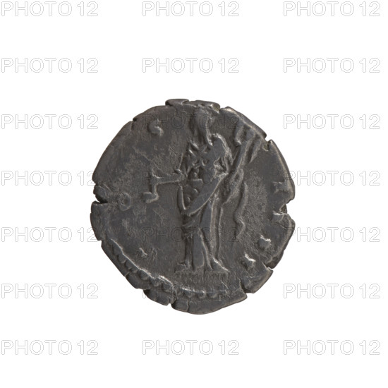 Denarius, Antoninus Pius (86–161; Roman emperor 138–161), issuer: Antoninus Pius; iconography: head of the emperor in a laurel wreath; reverse: Vesta (mythology) holding a ladle (simpulum) and palladium; obverse inscription: AW: Head of Antoninus Pius in a laurel wreath facing right, AN, ONINV, AVG PI -, PP TR P XVI all around; reverse inscription: RW: Vesta in a veil standing left, holding a ladle in her right hand, palladium in her left, CO S - IIII all around; date: 152–153; place: Rome, Roman Empire (27 BC–476); object type: coin (denarius); measurements: diameter 17.5–18.5 mm, weight 3.35 g, axis 180 degrees.