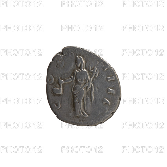 Denarius, Antoninus Pius (86–161; Roman emperor 138–161) — obverse: head of the emperor in a laurel wreath facing right, inscription ANTO, PI - VS PP TR P, VI; reverse: Vesta in a veil standing left, holding a ladle (simpulum) in her right hand and a palladium in her left, inscription COS - IIII; 152–153; Roman Empire (27 BC–476), Rome; coin; diameter 16.5 mm and 18.0 mm; weight 2.75 g; axis 180 degrees.