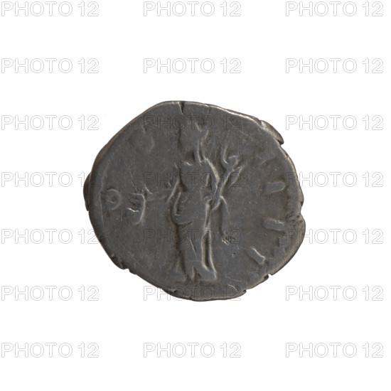 Denarius, Antoninus Pius (86–161; Roman emperor 138–161) — obverse: Head of Antoninus Pius in a laurel wreath facing right, inscription ANTONINVS PIVS PP TR P XVI; reverse: Vesta in a veil standing left, holding a ladle (simpulum) in her right hand and a palladium in her left, inscription OS IIII; motif features Roman deities, ladles, Vesta, palladium. Date: 152–153. Culture/place: Roman Empire, Rome. Object type/material: coin (denarius). Measurements: diameter ~16.0–17.0 mm, weight 3.15 g, axis 180°.