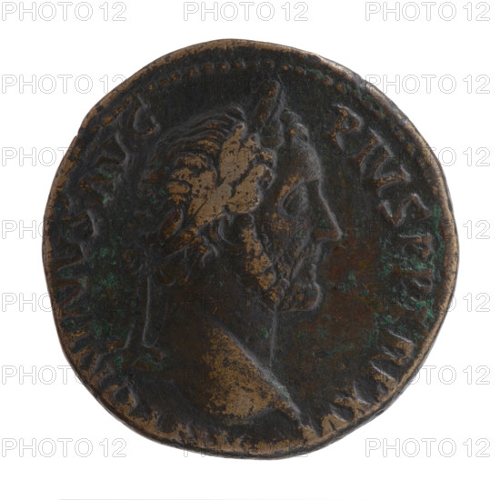 sestertius (forgery?), Antoninus Pius (86–161; Roman emperor 138–161), issuer: Antoninus Pius; iconography: head of the emperor in a laurel wreath; Indulgentia (personification), personifications. Obverse: Head of Antoninus Pius in a laurel wreath to the right, legend ANTONINVS AVG - PIVS PP TR P XVI. Reverse: Indulgentia seated left, right hand stretched out in front of her, holding a long scepter in her left, legend INDVLGENTIA AVG C. Date: 152–153. Period: Roman Empire (27 BC–476). Place: Rome. Object type: coin (sestertius). Diameter: 31.0 mm. Weight: 22.35 g. Axis: 0°.