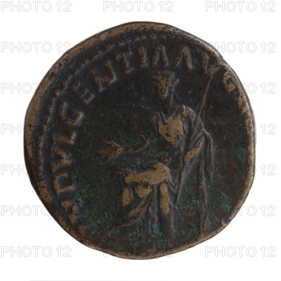 sestertius (forgery?), Antoninus Pius (86–161; Roman emperor 138–161), issuer: Antoninus Pius; iconography: head of the emperor in a laurel wreath; Indulgentia (personification); personifications. Obverse: Head of Antoninus Pius in a laurel wreath to the right, legend ANTONINVS AVG - PIVS PP TR P XVI. Reverse: Indulgentia sitting left, right hand stretched out in front of her, holding a long scepter in her left, legend INDVLGENTIA AVG C. Date: 152–153. Culture: Roman Empire (27 BC–476). Place: Rome. Object type: coin (sestertius). Diameter: 31.0 mm. Weight: 22.35 g. Axis: 0°.