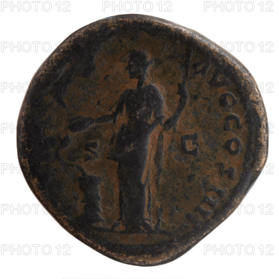 Sestertius of Antoninus Pius (86–161; Roman emperor 138–161), circa 152–153. Obverse: head of the emperor in a laurel wreath facing right, inscription ANTONINVS AVG - PIVS PP TR P XVI. Reverse: Salus standing left, holding a patera above an altar around which a snake coils, and a scepter in her left hand, inscription - AVG COS IIII, in SC. Roman Empire (27 BC–476), Rome. Bronze coin; diameter 32.5–34.0 mm, weight 26.20 g, axis 180°.