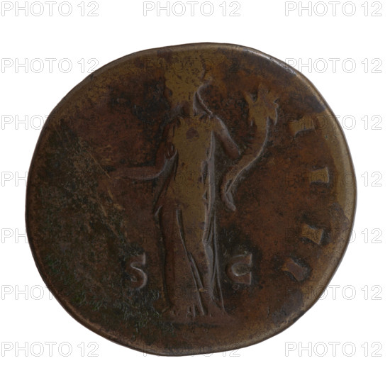 Sestertius, Antoninus Pius (86–161; Roman emperor 138–161), issuer. Obverse: Head of Antoninus Pius in a laurel wreath facing right, inscription ANTONINVS AVG PIVS PP TR P XII. Reverse: Aequitas standing left, holding scales in his right hand and a cornucopia in his left, with - IIII and SC in the fields. Iconography: personifications, Aequitas, cornucopias, scales. Date: 148–149. Place: Rome, Roman Empire (27 BC–476). Coin: bronze; diameter 30.0–32.5 mm; weight 23.40 g; axis 180°.