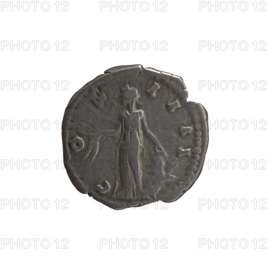 Denarius, Antoninus Pius (86–161; Roman emperor 138–161), issuer. Obverse: head of the emperor in a laurel wreath facing right, legend 'ANTONINVS AVG PI - VS PP TR P XVIII'. Reverse: Annona stands left, holds ears of corn in her right hand, rests her left on a container (modius) standing on a ship, legend 'C OS - IIII'. Personifications (iconography), ears of corn, modius, ships. Date: 154–155. Culture: Roman Empire (27 BC–476), Rome. Coin; diameter 17.5–18.5 mm, weight 2.90 g, axis 180 degrees.