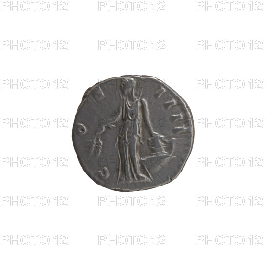 Denarius, Antoninus Pius (86–161; Roman emperor 138–161). Obverse: head of the emperor in a laurel wreath facing right, legend ANTONINVS AVG PI - VS PP TR P XVII. Reverse: Annona stands left, holds ears of corn in her right hand, rests her left on a container (modius) standing on a ship, legend C OS - IIII. Date: 153–154. Roman Empire (27 BC–476), Rome. Coin. Diameter 17.0–18.0 mm, weight 3.10 g, axis 195°.