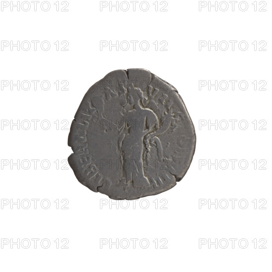 Denarius (subaerate), Antoninus Pius (86–161; Roman emperor 138–161), issuer; obverse: head of Antoninus Pius in a laurel wreath facing right, inscription ANTONINVS A[?]-PI[?] PP TR P XVII; reverse: Liberalitas standing left, holding an abacus in his right hand and a cornucopia in his left, inscription LIBERALITAS - S - VII COS IIII; attributes: abacus, cornucopias, personifications; date: 153–154; culture: Roman Empire; place: Rome; medium: coin; diameter 17.5–18.5 mm; weight 2.55 g; axis 180°.
