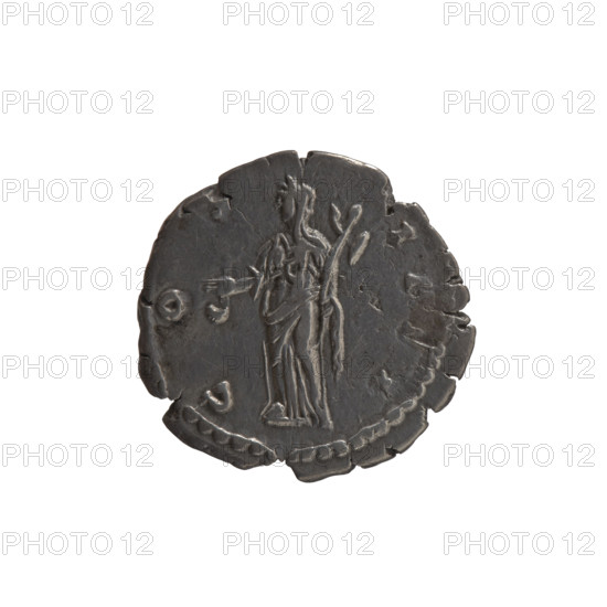 Denarius of Antoninus Pius (86–161; Roman emperor 138–161). Obverse: Head of Antoninus Pius in a laurel wreath facing right, inscription ANTONINVS AVG PIVS, PP TR P XVII (around). Reverse: Vesta in a veil standing left, holding a ladle (simpulum) in her right hand and a palladium in her left, inscription COS IIII (around). Iconography includes Roman deities; attributes: ladle (simpulum), palladium. Date: 153–154. Culture: Roman Empire. Place: Rome. Medium/function: coin. Diameter: 18.0–18.5 mm. Weight: 2.90 g. Axis: 180 degrees.