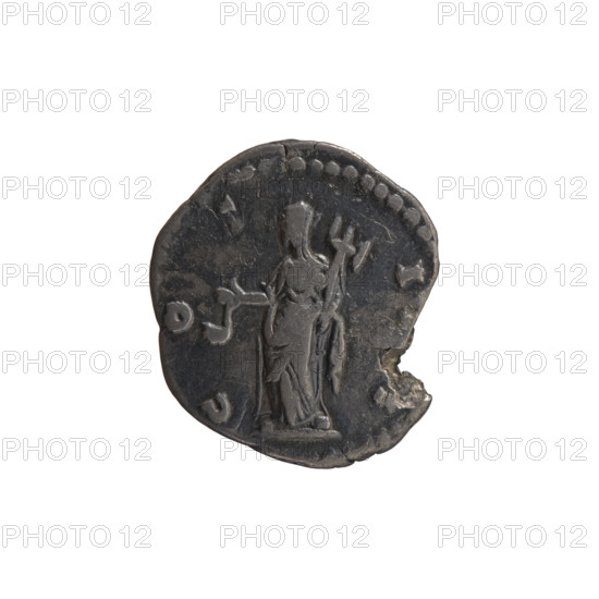 Denarius depicting Antoninus Pius (86–161; Roman emperor 138–161). Obverse: head of the emperor in a laurel wreath facing right, inscription ANTONINVS A… PIV… RP XVII. Reverse: Vesta veiled standing left, holding a ladle (simpulum) in her right hand and a palladium in her left, inscription C OS–I I. Dated 153–154, Rome, Roman Empire (27 BC–476). Coin; diameter 16.5–18.5 mm, weight 2.70 g, axis 180°.