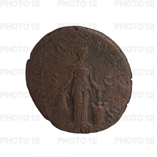 Antoninus Pius (86–161; Roman emperor 138–161), issuer; obverse: head of the emperor in a laurel wreath facing right, legend 'ANTONINVS AVG PIVS P', control mark 'XVII' all around; reverse: Annona personified stands to the right, right hand on a container (modius) on a low pedestal (cippus), left hand holding a branch above a basket of fruit, legend 'ANN[A] A[VG] IIII' all around, in SC fields. Date: 153–154. Roman Empire (27 BC–476), Rome. Coin; diameter 25.5 mm; weight 11.00 g; axis 180°.