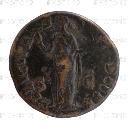Antoninus Pius (86–161; Roman Emperor 138–161), issuer. Obverse: head of Antoninus Pius in a laurel wreath facing right, legend ANTONINVS AV, S PP TRP XVIII. Reverse: Felicitas standing frontally with head turned left, holding a long caduceus in her right hand and ears of corn in her left, legend FELICITA S C OS IIII in S C fields. Date: 154–155. Roman Empire (27 BC–476). Rome. Coin; diameter 24.0–25.0 mm, weight 10.60 g, axis 0°.