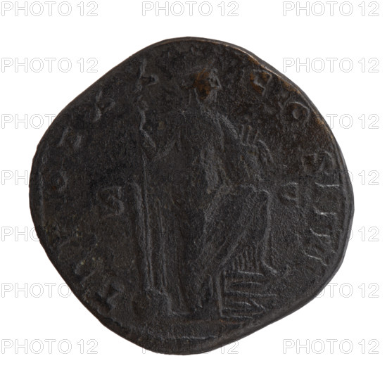 Sestertius, Antoninus Pius (86–161; Roman emperor 138–161), issuer. Obverse: Head of the emperor in a laurel wreath to the right, inscription ANTONINVS AVG PI - VS PP IMP II. Reverse: Annona personified stands to the right with one leg on the prow of a ship, holding a long rudder in her right hand and a container with ears of grain (modius) in her left, inscription TR POT XX - COS IIII; mintmark SC in fields. Date: 156–157. Roman Empire (27 BC–476), Rome. Coin, diameter 30.0–31.0 mm, weight 24.99 g, axis 0°.