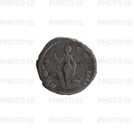 Denarius of Antoninus Pius (86–161; Roman emperor 138–161). Obverse: head of the emperor in a laurel wreath to right, legend ANTONINVS AVG PI-VS PP IMP. Reverse: Annona (personification) stands to right with one foot on the prow of a ship, holding a long rudder in her right hand and a container with ears of grain (modius) in her left; inscriptions R POT X - CO, IIII. Date: 156–157. Roman Empire (27 BC–476), Rome. Coin; diameter 16.0–16.5 mm, weight 2.60 g, axis 0°.