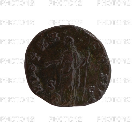 Dupondius of Antoninus Pius (r. 138–161). Obverse: Head of Antoninus Pius in radiant crown facing right, legend 'ANTONINVS AVG'. Reverse: Providentia standing left, stretching her right hand above a globe on the ground, holding a long scepter in her left hand, legend 'R POT XX - COS IIII', control marks S - C in fields. Date c. 156–157. Roman Empire, Rome. Coin (bronze), diameter approx. 23.0–25.0 mm, weight 10.90 g, axis 150°. Iconography: Antoninus Pius; radiant crown, scepters, globe (attribute); personification Providentia.