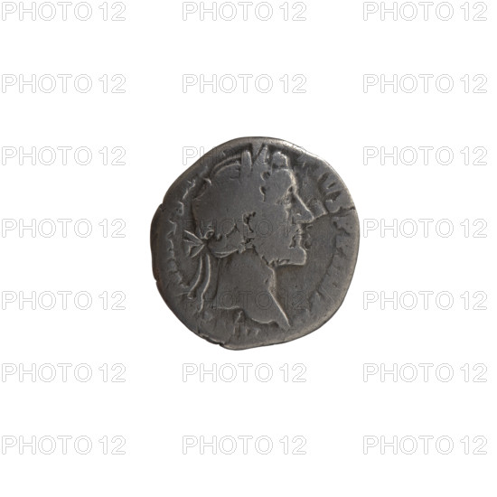 Denarius of Antoninus Pius (86–161; Roman emperor 138–161), 157–158. Obverse: head of the emperor in a laurel wreath facing right, inscription ANTONIN–PIVS PP IMP II. Reverse: Annona (personification) stands left; in her right hand she holds ears of corn above a container (modius), in her left hand she holds a long rudder resting on a ship, inscription TR POT XXI–C, S IIII. Iconography: Antoninus Pius; personifications; ears of corn; modius; ships; rudders. Roman Empire (27 BC–476). Coin. Diameter 16.0–17.5 mm, weight 2.85 g, axis 195°.