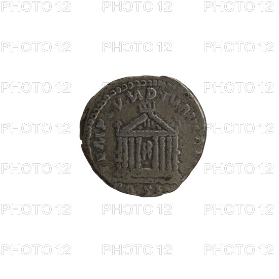 Denarius, Antoninus Pius (86–161; Roman emperor 138–161), issuer: Antoninus Pius — obverse: head of the emperor in a laurel wreath facing right, inscription ANTONINVS AVG PIVS PP TR P XXII; reverse: façade of a temple with eight columns and two statues (Divine Augustus and Livia), inscription TEMPLVM DIVI AVG R, in the section COS II; date: 158–159; Roman Empire, Rome; coin; diameter 16.0–17.0 mm; weight 3.15 g; axis 15°.