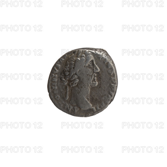 Denarius, Antoninus Pius (86–161; Roman emperor 138–161). Obverse: Head of Antoninus Pius in a laurel wreath facing right, inscription ANTONINVS AV...PIVS PP IMP II. Reverse: Personification Annona stands to the right with one leg on the prow of a ship; in her right hand a long rudder resting on a globe, in her left a container with ears of grain (modius), inscription POT XXI - CO, IIII. Date: 157–158. Roman Empire, Rome. Coin; diameter 15.0–15.5 mm, weight 3.25 g, axis 210°.