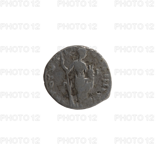 Denarius, Antoninus Pius (86–161; Roman emperor 138–161), issuer: Antoninus Pius; obverse: head of the emperor in a laurel wreath facing right, inscribed 'ANTONINVS AV...PIVS PP IMP II'; reverse: Annona (personification) stands to the right with one leg on the prow of a ship, right hand holding a long rudder resting on a globe, left hand holding a container with ears of grain (modius), inscribed 'POT XXI - CO, IIII'; dated 157–158; Roman Empire; Rome; coin; diameter 15.0–15.5 mm; weight 3.25 g; axis 210°.