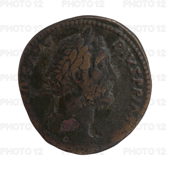 Sestertius; Antoninus Pius (86–161; Roman emperor 138–161) issuer. Obverse: head of the emperor in a laurel wreath facing right, inscription NVS AVG - PIVS PP IM. Reverse: Annona stands left; in her right hand she holds ears of corn above a container (modius), in her left hand she holds a rudder leaning against a ship, inscription TR POT XXI - S IIII, fields SC. Date: 157–158. Roman Empire, Rome. Coin; diameter 28.5–29.0 mm, weight 17.38 g, axis 180°. Iconography: personifications (Annona), modii, ears of corn, ships, rudders; Antoninus Pius iconography.