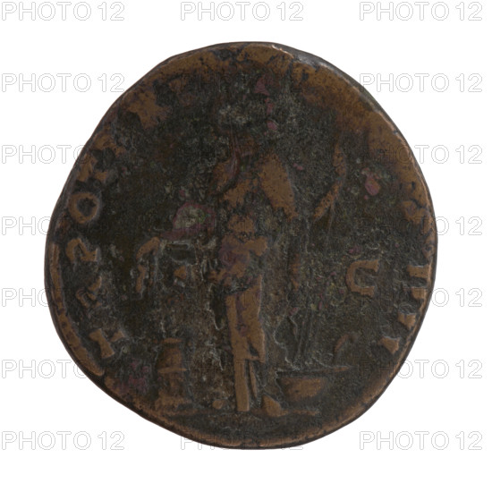 Sestertius, Antoninus Pius (86–161; Roman emperor 138–161), struck 157–158. Obverse: head of Antoninus Pius in a laurel wreath facing right, inscription NVS AVG - PIVS PP IM. Reverse: Annona standing left; in her right hand she holds ears of corn above a container (modius), in her left hand a rudder leaning against a ship; inscription TR POT XXI - S IIII, fields SC. Roman Empire (27 BC–476), Rome. Coin: diameter 28.5–29.0 mm, weight 17.38 g, axis 180°.