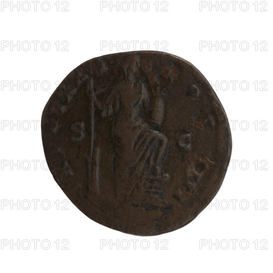 Dupondius of Antoninus Pius (86–161; Roman emperor 138–161), issuer: Antoninus Pius. Obverse: Head of Antoninus Pius in radiant crown facing right, inscription TONIN S AVG - PIVS PP IM, all around. Reverse: Annona stands to the right with one leg on the prow of a ship, holding a long rudder in her right hand and a container with ears of grain (modius) on her knee with her left hand; inscription TR POT XXI - COS, II all around, with mintmark S C in fields. Date: 157–159. Roman Empire (27 BC–476), Rome. Coin (dupondius): diameter 24.0 mm, weight 11.16 g, axis 0°.