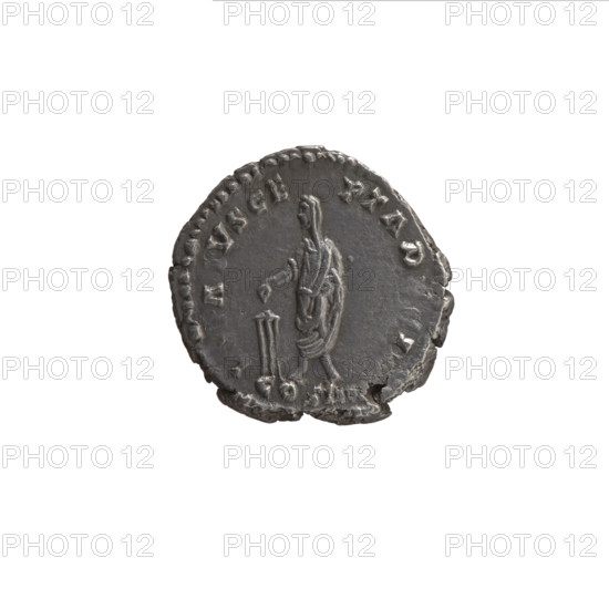Denarius, Antoninus Pius (86–161; Roman emperor 138–161) — obverse: head of Antoninus Pius with a laurel wreath facing right, legend ANT N VS AVG PI P TR XXII; reverse: emperor in toga and veil standing left, holding a patera above a tripod in his right hand and a scroll in his left, with legend COS IIII (158–159); Roman Empire, Rome; coin: diameter 16.5–18.0 mm, weight 3.20 g, axis 180°.