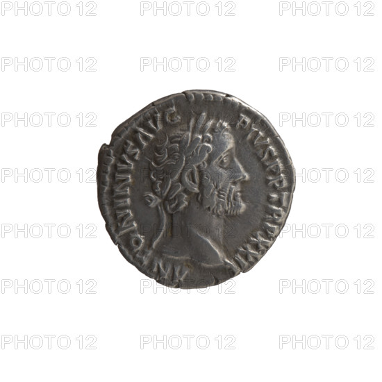Denarius of Antoninus Pius (86–161; Roman emperor 138–161). Obverse: Head of Antoninus Pius with laurel wreath facing right, inscription ANTONINVS AVG PIVS PP TR P XXII. Reverse: The emperor in a toga and veil stands left, holding a patera above a tripod in his right hand and a scroll in his left, inscription VOTA SVSCEPTA DEC III; includes episode COS IIII, 158–159. Roman Empire, Rome. Coin; diameter 17.5–19.0 mm, weight 3.30 g, axis 180°.