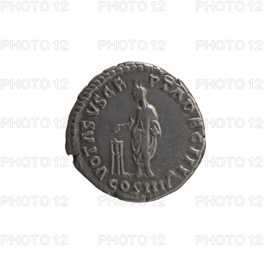 Denarius, Antoninus Pius (86–161; Roman emperor 138–161) — obverse: head of Antoninus Pius with a laurel wreath facing right, inscription ANTONINVS AVG PIVS PP TR P XXII; reverse: the emperor in a toga and veil stands left, holding a patera above a tripod in his right hand and a scroll in his left, inscription VOTA SVSCEPTA DEC III; episode COS IIII, 158–159; Roman Imperial coin (Rome); diameter c. 17.5–19.0 mm, weight 3.30 g, axis 180°.
