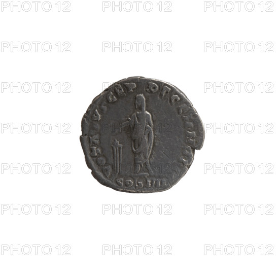 Denarius, Antoninus Pius (86–161; Roman emperor 138–161) — obverse: head of the emperor with a laurel wreath to the right, legend ANTONINVS AVG PI - VS PP TR P XXII; reverse: emperor in toga and veil standing left, holding a patera above a tripod in his right hand and a scroll in his left, legend VOTA SVSCEP - DECENN III; episode COS IIII, 158–159; Roman Empire (27 BC–476), Rome. Coin: diameter 16.0–17.0 mm, weight 3.23 g, axis 180°.