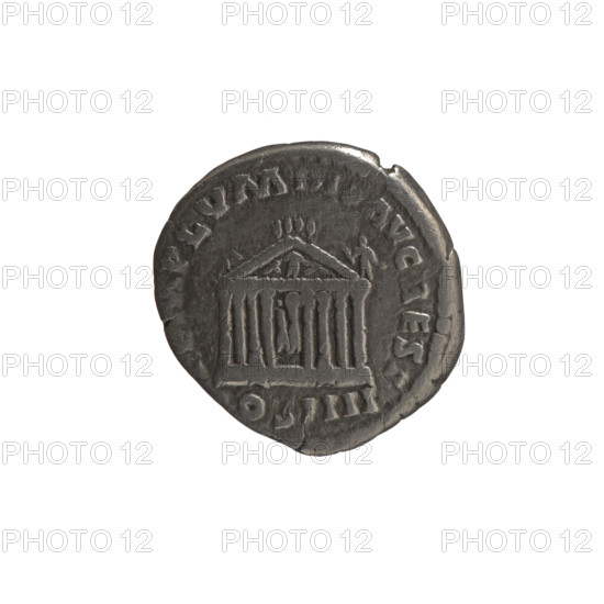 denarius, Antoninus Pius (86–161; Roman emperor 138–161), issuer Antoninus Pius — obverse: head of the emperor in a laurel wreath facing right, legend 'ANTONINVS AVG - PIVS PP', control marks 'II'; reverse: facade of a temple with eight columns and two statues (Divine Augustus and Livia), legend 'MPLVM DIV AVG REST', episodic inscription 'OS IIII.', date 158–159, Roman Empire (27 BC–476), Rome; coin; diameter 16.5–17.0 mm, weight 3.05 g, axis 0°