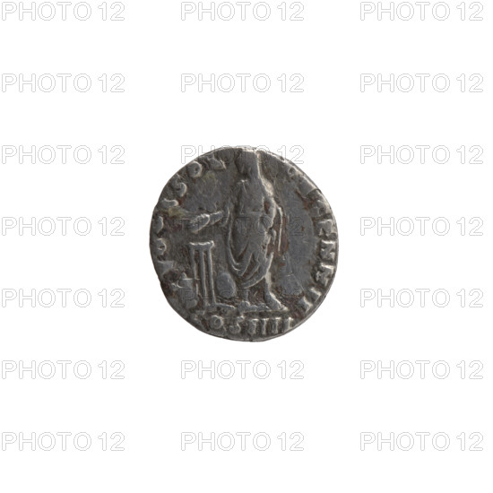 Denarius of Antoninus Pius (86–161; Roman emperor 138–161). Obverse: Head of the emperor with a laurel wreath facing right, inscription A TONINVS AV - PIVS PP, II all around. Reverse: The emperor in a toga and veil stands left, holding a patera above a tripod with a bull lying behind it; in his left hand he holds a scroll, inscription VOTA SOL - DECENN II all around. Episode COS IIII, 158–159. Roman Empire (27 BC–476), Rome. Coin; diameter 14.0–15.0 mm, weight 2.25 g, axis 180°.