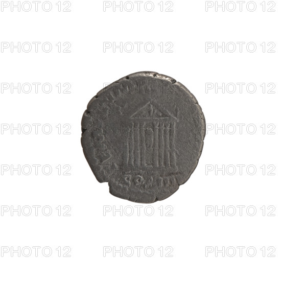 Denarius of Antoninus Pius (86–161; Roman emperor 138–161), obverse: head of the emperor in a laurel wreath to the right, legend ANTONINVS AVG - PIVS PP TR P XXII; reverse: facade of a temple with eight columns and two statues (Divine Augustus and Livia), legend TEMPLVM D; coin, Roman Empire (27 BC–476), diameter ~16–17 mm, weight 2.98 g, axis 0°.