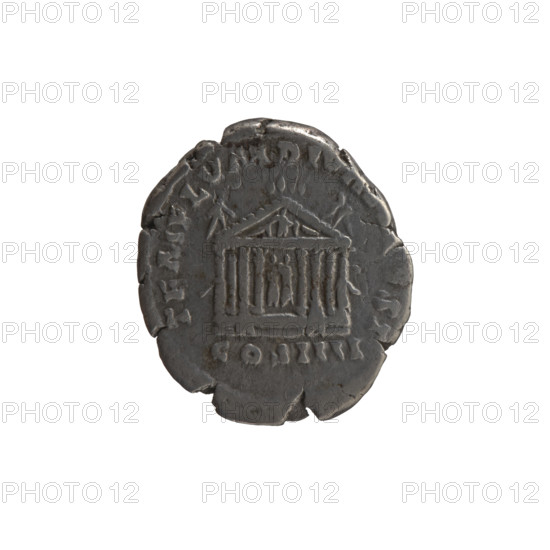 Denarius of Antoninus Pius (86–161; Roman emperor 138–161), issuer: Antoninus Pius. Obverse: head of the emperor in a laurel wreath facing right, legend 'ANTONINVS AVG - PIVS PP TR P XXII'. Reverse: facade of a temple with eight columns and two statues (Divine Augustus and Livia), legend 'TEMPLVM DIV A, EST' and episode inscription 'COS IIII.' Date: 158–159. Roman Empire, Rome. Coin: diameter 16.5–18.5 mm, weight 3.20 g, axis 15°.