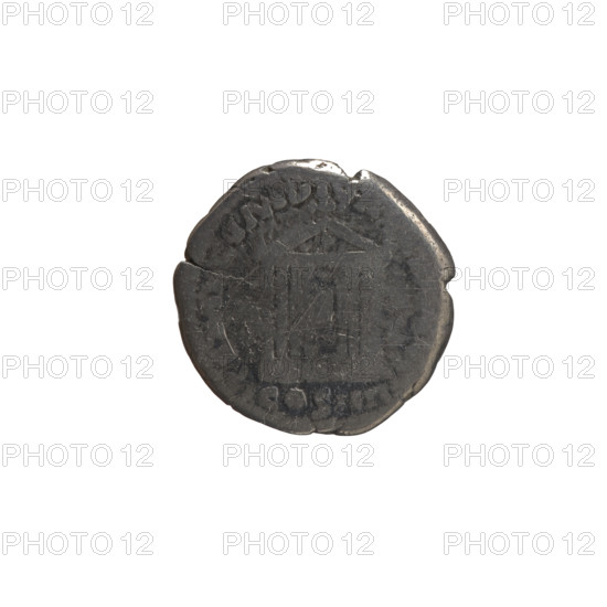 Denarius of Antoninus Pius (86–161; Roman emperor 138–161). Obverse: head of the emperor in a laurel wreath facing right, legend 'ANTONINVS AVG - PIVS PP TR P XXII'. Reverse: facade of a temple with eight columns and two statues (Divine Augustus and Livia), legend 'TEMPLVM DIV A, G REST', with inscription indicating COS IIII. Date: 158–159. Roman Empire (27 BC–476). Rome. Coin; diameter 17.0–17.5 mm, weight 2.50 g, axis 195°.