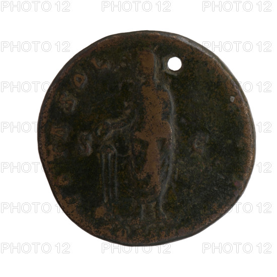 Sestertius (with a hole), Antoninus Pius (86–161; Roman Emperor 138–161), issuer. Obverse: Head of Antoninus Pius with a laurel wreath facing right, inscription 'ANTONINVS AVG PIVS PP TRP XXII'. Reverse: Emperor in toga and veil standing left, holding a patera above a tripod with a bull reclining behind it, and a scroll in his left hand; inscription 'VOTA SOL' (with 'COS IIII' in section and 'SC' in fields). Iconography: bulls, emperor with a veil, tripods, paterae. Date: 158–159. Culture/place: Roman Empire, Rome. Object type/material: coin (sestertius). Dimensions: diameter ca. 29.5–30.0 mm, weight 23.45 g, axis 0°.