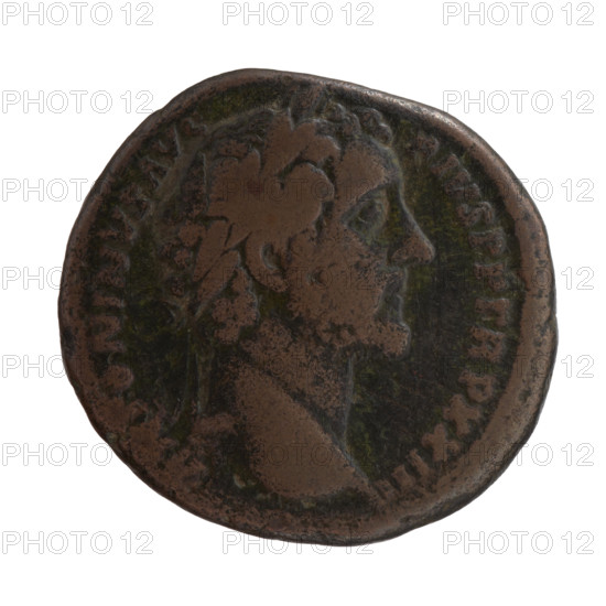 as/dupondius (forgery?), Antoninus Pius (86–161; Roman emperor 138–161), issuer: Antoninus Pius — iconography: emperor with a veil on his head, tripods, veils, paterae; obverse: head of Antoninus Pius with a laurel wreath facing right, legend ANTONINVS AVG - PIVS PP TR P XXIII; reverse: emperor in toga and veil standing left, holding a patera above a tripod in his right hand and a scroll in his left, legend VOTA SVSCE - PTA DEC III, COS IIII in a section, fields SC; dated 159–160, Rome, Roman Empire (27 BC–476); coin; diameter ~23.5–25.5 mm; weight 12.30 g; axis 300°.