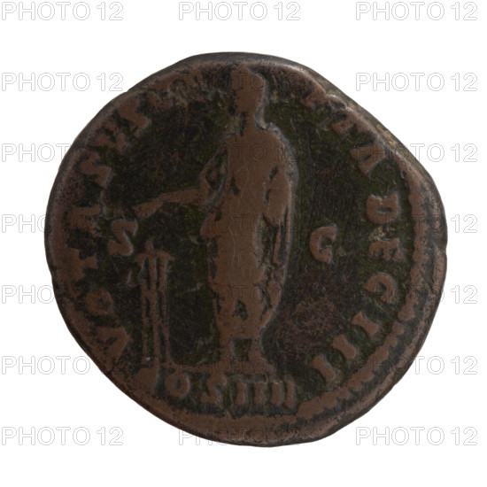 as/dupondius (forgery?), Antoninus Pius (86–161; Roman emperor 138–161), issuer: Antoninus Pius — iconography: emperor with a veil on his head, tripods, veils, paterae, head of the emperor with a laurel wreath. Obverse: Head of Antoninus Pius with a laurel wreath facing right, legend ANTONINVS AVG - PIVS PP TR P XXIII. Reverse: Emperor in toga and veil standing left, holding a patera above a tripod in his right hand, holding a scroll in his left hand, legend VOTA SVSCE - PTA DEC III, COS IIII in a section, fields SC. Date: 159–160. Place: Rome, Roman Empire. Object type: coin. Measurements: diameter 23.5–25.5 mm, weight 12.30 g, axis 300°.