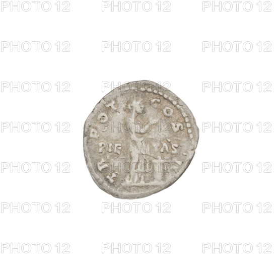denarius, Aelius (101–138; successor of Hadrian 136–138); Obv.: head of Aelius right; rim inscription: LAELIVSCAESAR. Rev.: Pietas (personification) standing right, wearing a long robe, holding a patera in her left hand, raising her right hand in prayer, before her an altar; rim inscription: TRPOTCOSII; on both sides of the figure PIETAS. Date: 137, Rome, Roman Empire (27 BC–476). Coin, weight 3.70 g.