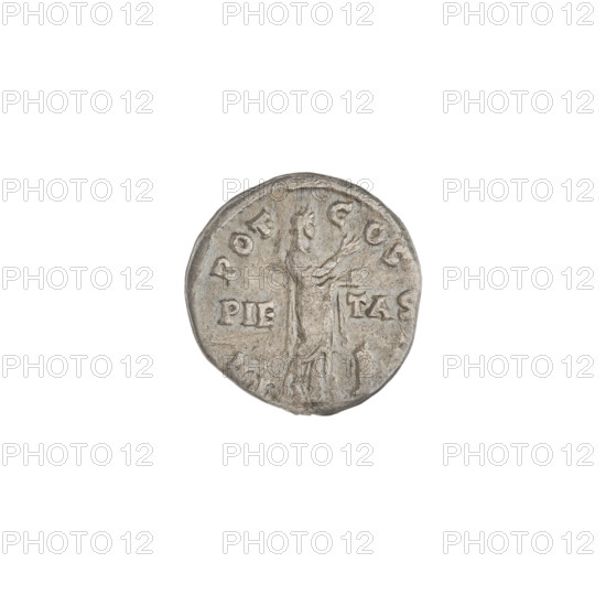 denarius, Aelius (101–138; successor of Hadrian 136–138); Obv.: head of Aelius left, rim inscription CAESAR; Rev.: Pietas (personification) standing right in a long robe, holding a patera in her left hand and raising her right hand in prayer, an altar in front, rim inscription TRPOTCOSII; legend on both sides of figure PIETAS; dated 137, Rome, Roman Empire (27 BC–476); coin; weight 3.10 g