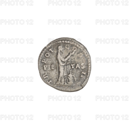 Denarius of Aelius (reigned 136–138 CE). Obverse: head of Aelius right; rim inscription LAELIVSCAESAR. Reverse: Pietas standing right, dressed in a long robe, holding a patera in her left hand and raising her right hand in prayer before an altar; rim inscription TRPOTCOSII; on both sides of the figure PIETAS. Date: 137 CE, Rome, Roman Empire (27 BC–476). Coin; weight 2.75 g.