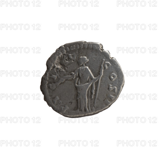 Denarius, Antoninus Pius (86–161; Roman emperor 138–161). Obverse: Head of Antoninus Pius in a laurel wreath facing right; inscription ANTONINVS AV[...] VS PP, RP XXII, all around. Reverse: Pax standing left, holding a branch in his right hand and a long scepter in his left; inscription PACI, G - COS II, all around. Iconography: branches, scepters, personifications. Date: 159–160. Place: Rome, Roman Empire. Medium: coin (denarius). Dimensions: diameter 16.5 mm; weight 3.20 g; axis 180°.