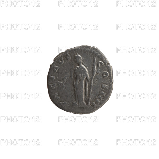 denarius, Antoninus Pius (86–161; Roman emperor 138–161), issuer; obverse: head of the emperor in a laurel wreath facing right, inscription ANTONINVS AVG PIVS PP TRP XX; reverse: Pax (personification) standing left, holding a branch in his right hand and a long scepter in his left, inscription PACI AVG COS IIII; iconography: branches, personifications, scepters; date: 159–160; culture/place: Roman Empire, Rome; medium: coin; diameter: 16.0–17.0 mm; weight: 2.90 g; axis: 180 degrees