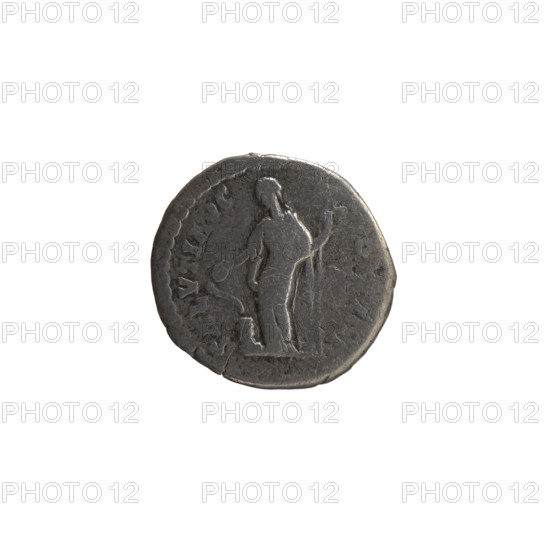 Denarius, Antoninus Pius (86–161; Roman emperor 138–161) — obverse: head of the emperor in a laurel wreath facing right, inscription ANTOINVS AVG PIVS PP TRP XXIII; reverse: Salus standing left, holding a patera above an altar around which a snake coils, and a long scepter in left hand, inscription SALVTI AVG, mint mark O, IIII; dated 159–160; Roman Empire; Rome; coin; diameter 16.0–18.0 mm; weight 3.00 g; axis 180°.