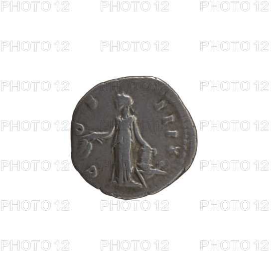 Denarius, Antoninus Pius (86–161; Roman emperor 138–161) — obverse: head of the emperor in a laurel wreath facing right, inscription ANTONINVS AVG PI - S PP TR P XVIII; reverse: Annona (personification) stands left, holds ears of corn in her right hand, rests her left on a container (modius) standing on a ship, inscription C - OS - IIII; 154–155 CE; Roman Empire; coin; diameter ~17–18 mm; weight 3.10 g; axis 195°.